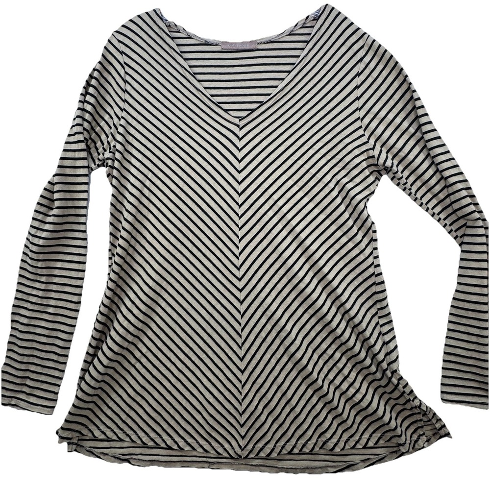 CUT LOOSE L Tan Black Striped Cotton Long Sleeve V-Neck Flared Knit Tunic EUC
